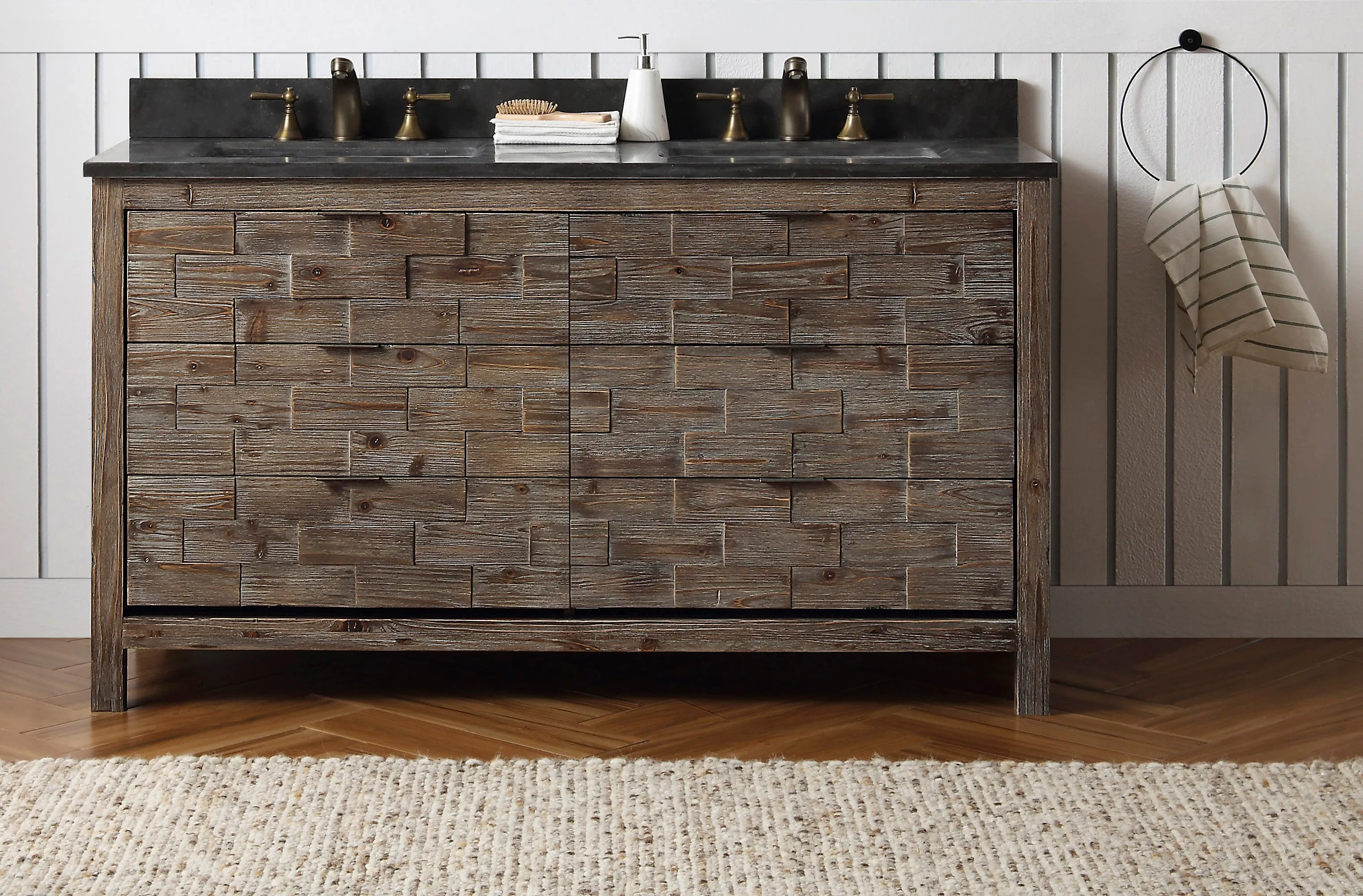 60" Rustic Fir Double Sink Bath Vanity with Moon Stone Marble Top