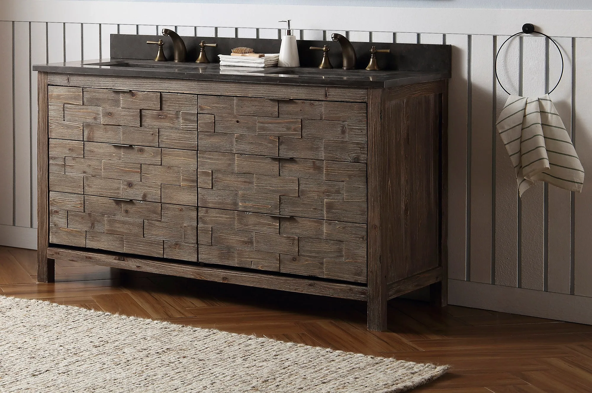 60" Rustic Fir Double Sink Bath Vanity with Moon Stone Marble Top