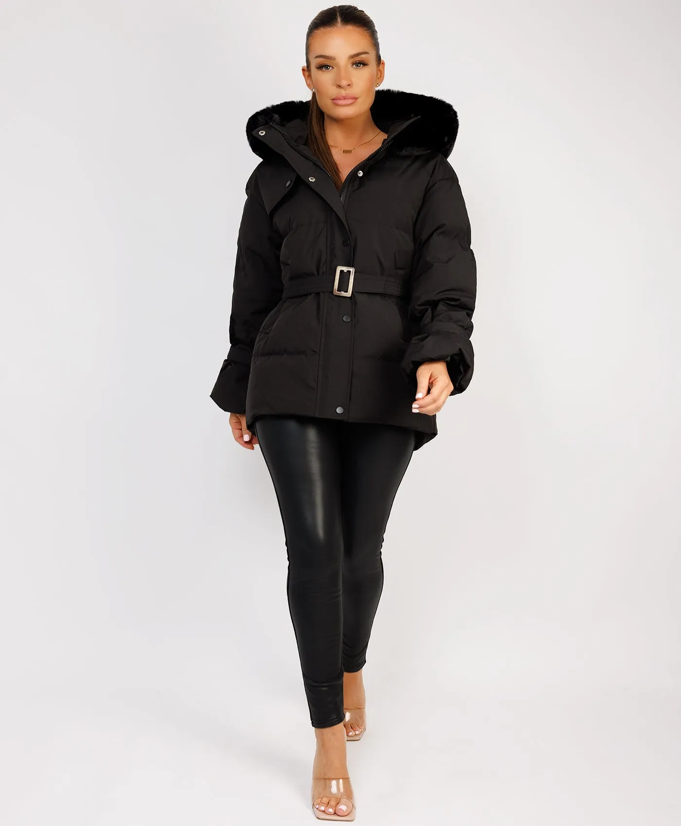 Black Padded Faux Fur Hood Ivory Waist Belted Jacket