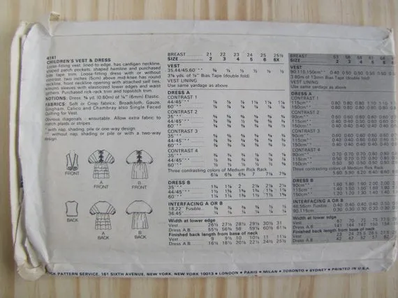 Butterick 4141 Children's Loose Fitting Vest and Dress Vintage