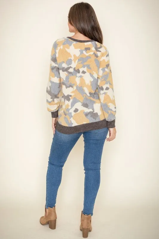 Camo Raglan V Stitch Brushed Pullover