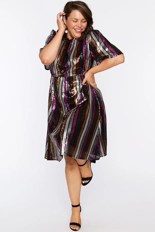 Clare Berry Stripe Sequin Dress
