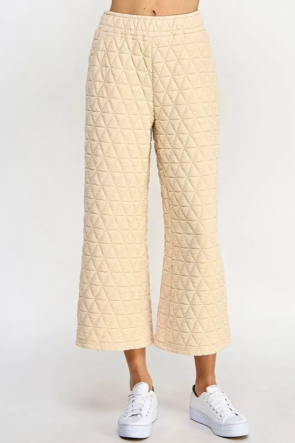 Cream Quilted Cropped Wide Pants