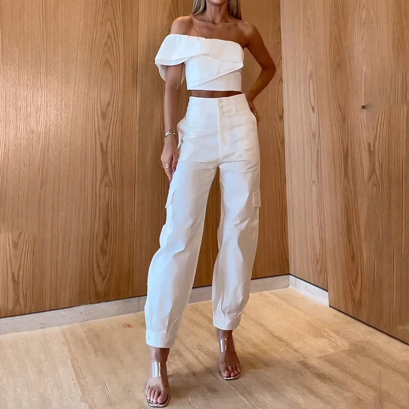 Fashion Off-Shoulder Short Top Pocket Skinny Pants