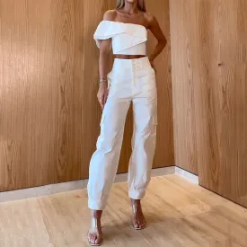 Fashion Off-Shoulder Short Top Pocket Skinny Pants