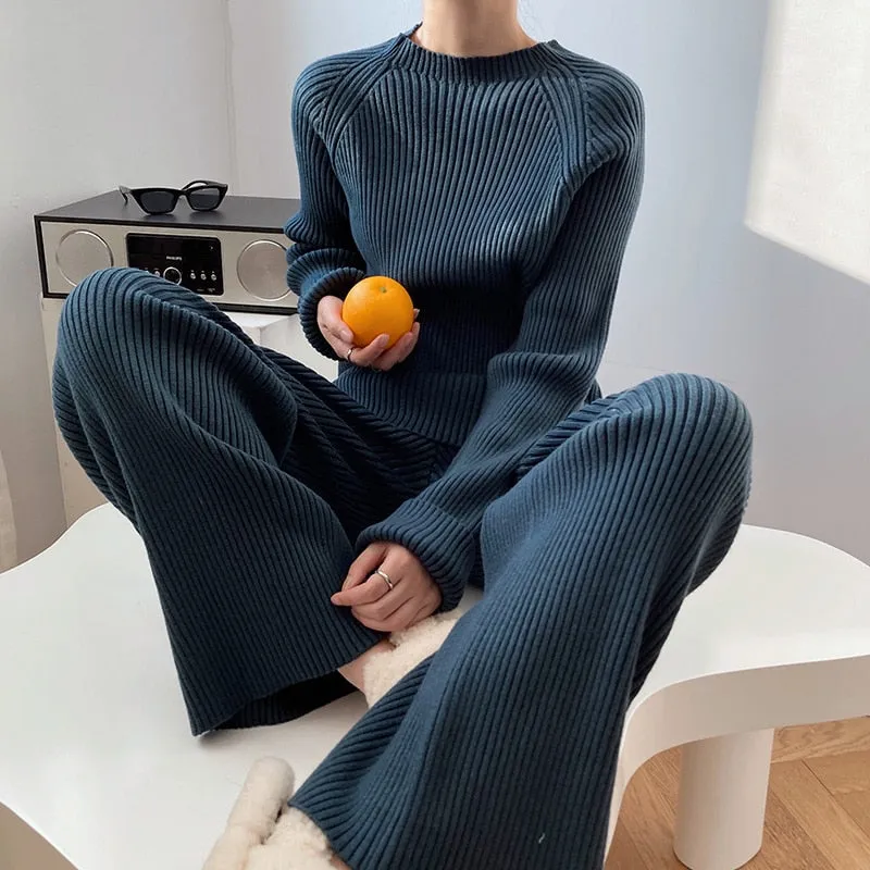 Fashionkova  2022 Pit Stripes Knitted Sets Women Casual Wide Leg Pants Winter Chic Ladies Two Pieces Pullover Sweater Tops Solid Clothes