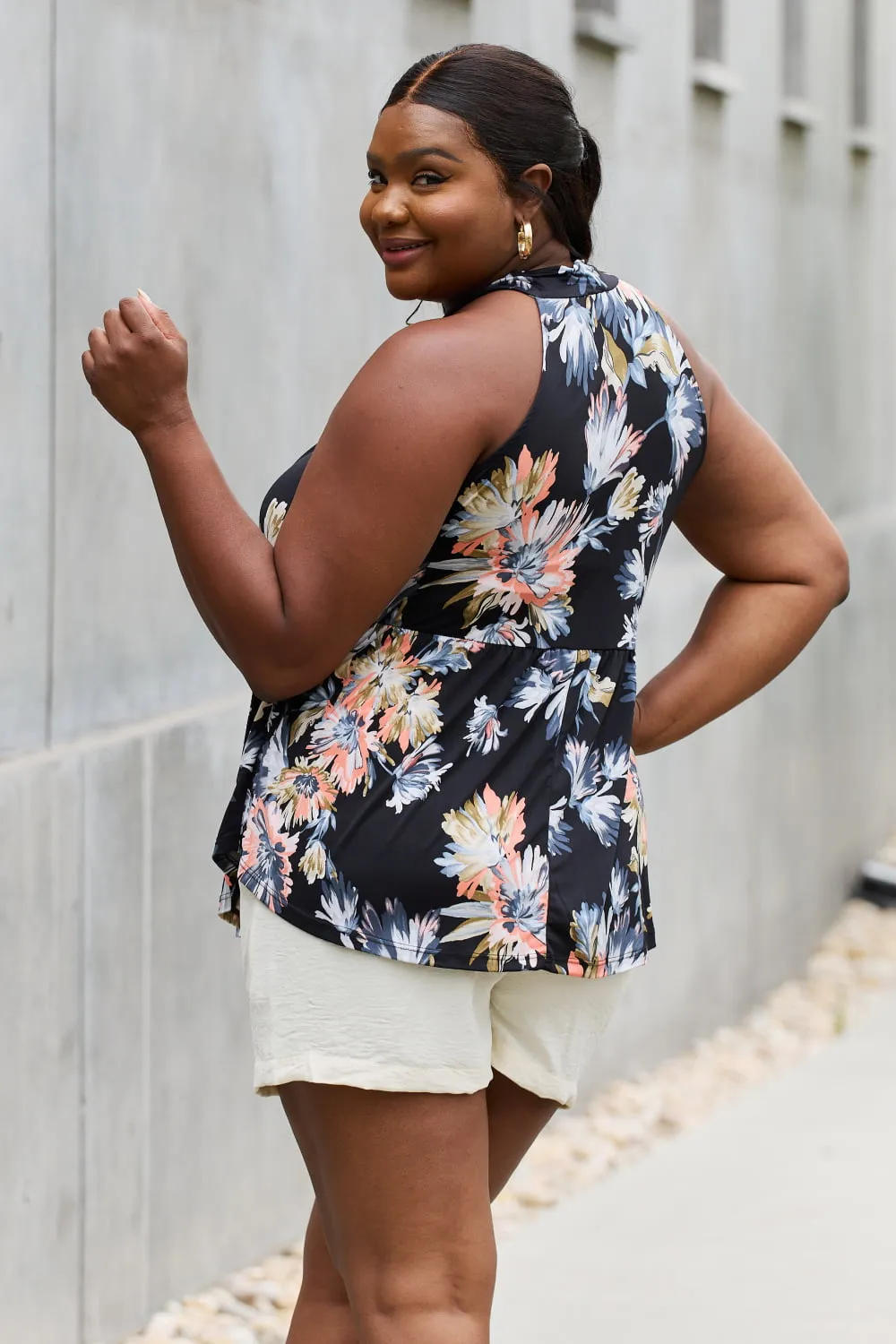 Full Size Floral Vacation Halter Top in Black