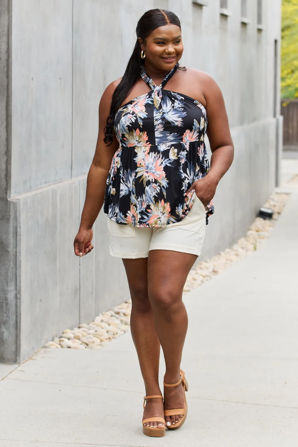 Full Size Floral Vacation Halter Top in Black