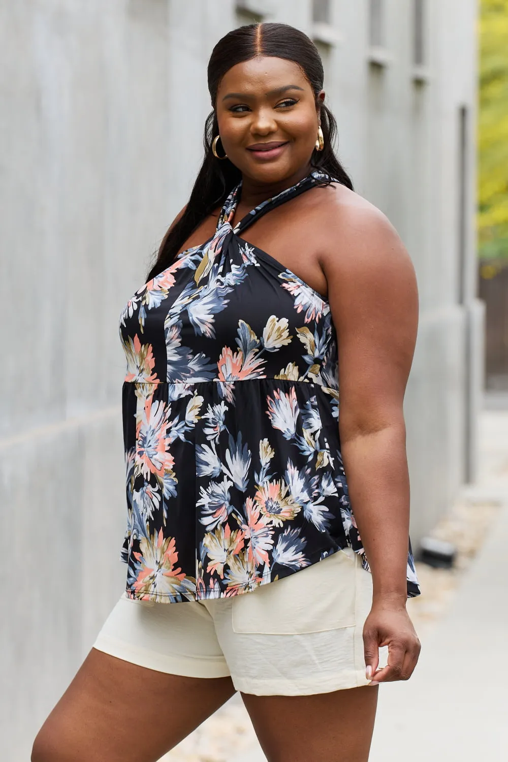 Full Size Floral Vacation Halter Top in Black