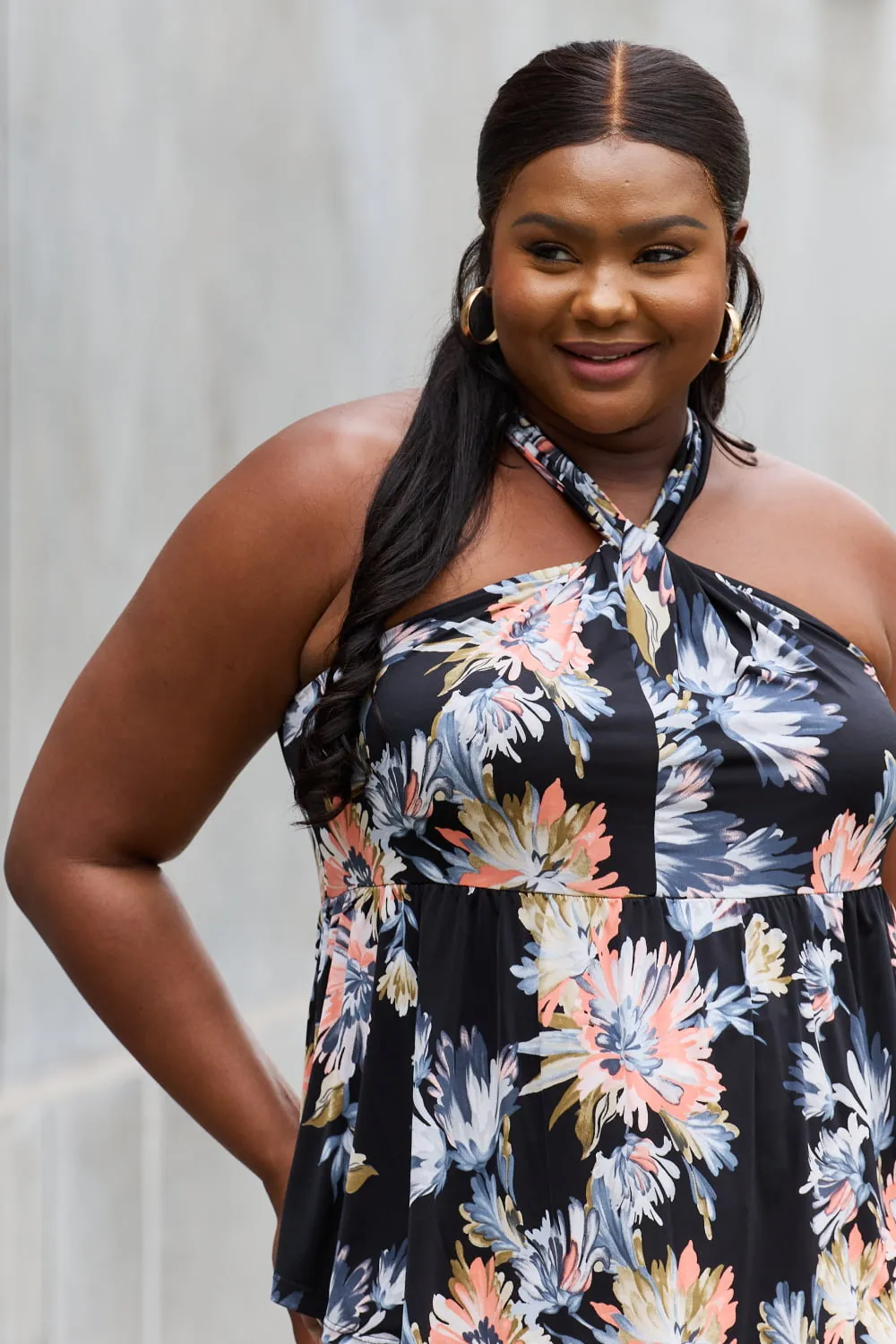Full Size Floral Vacation Halter Top in Black