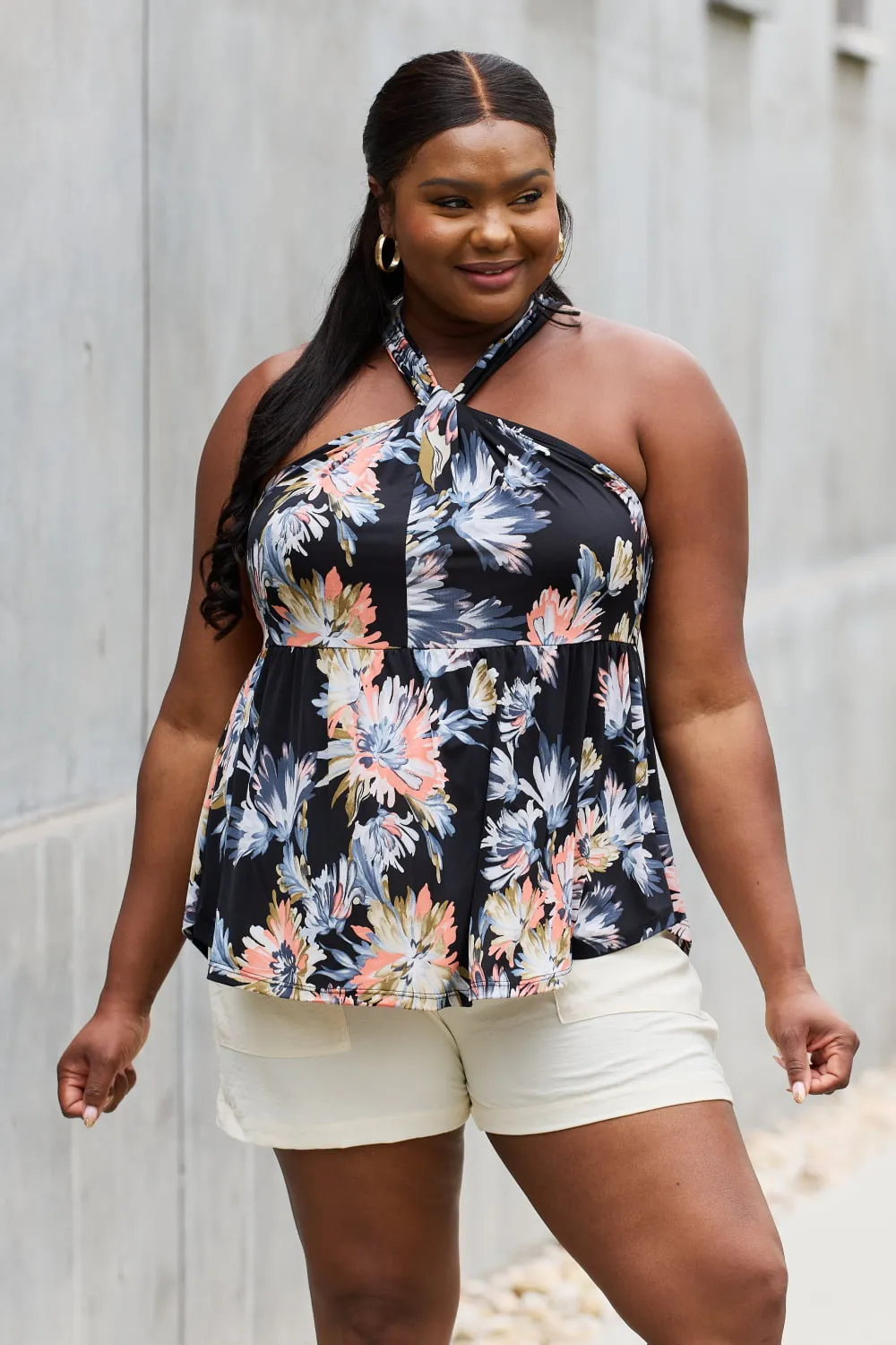 Full Size Floral Vacation Halter Top in Black