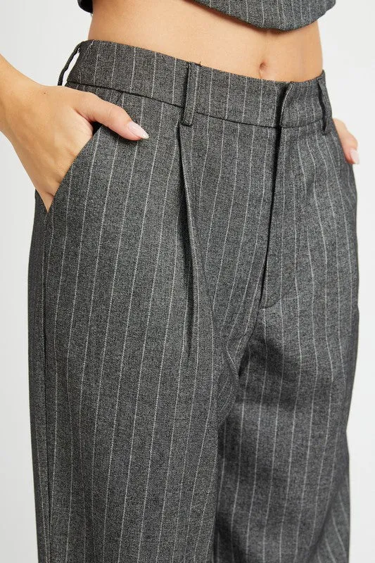 Hot Girl Boss Lady Loose Fit Pinstripe Pants In Charcoal