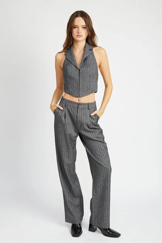 Hot Girl Boss Lady Loose Fit Pinstripe Pants In Charcoal