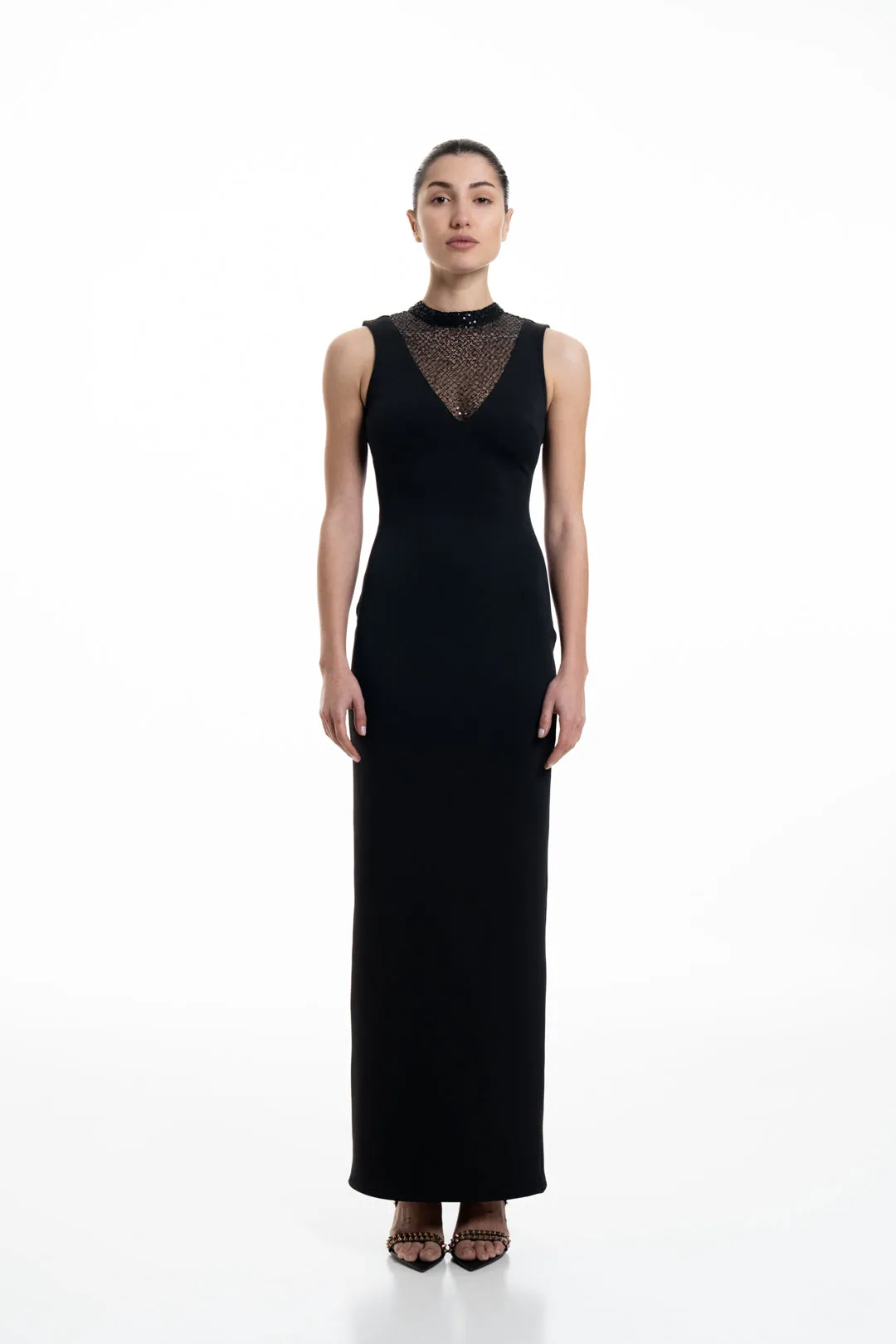 LONG NECKLINE BLACK SEQUIN BODYCON DRESS