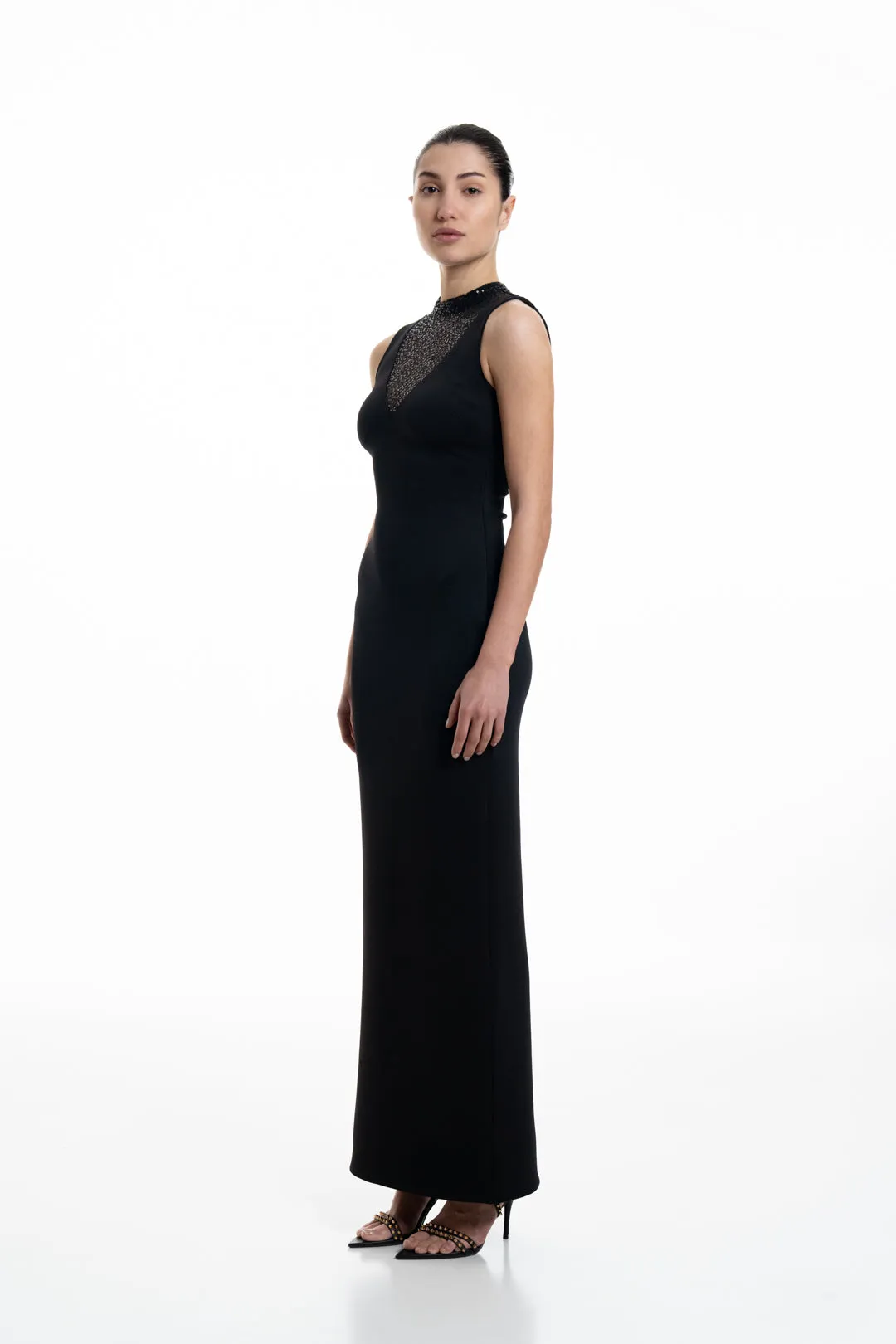 LONG NECKLINE BLACK SEQUIN BODYCON DRESS