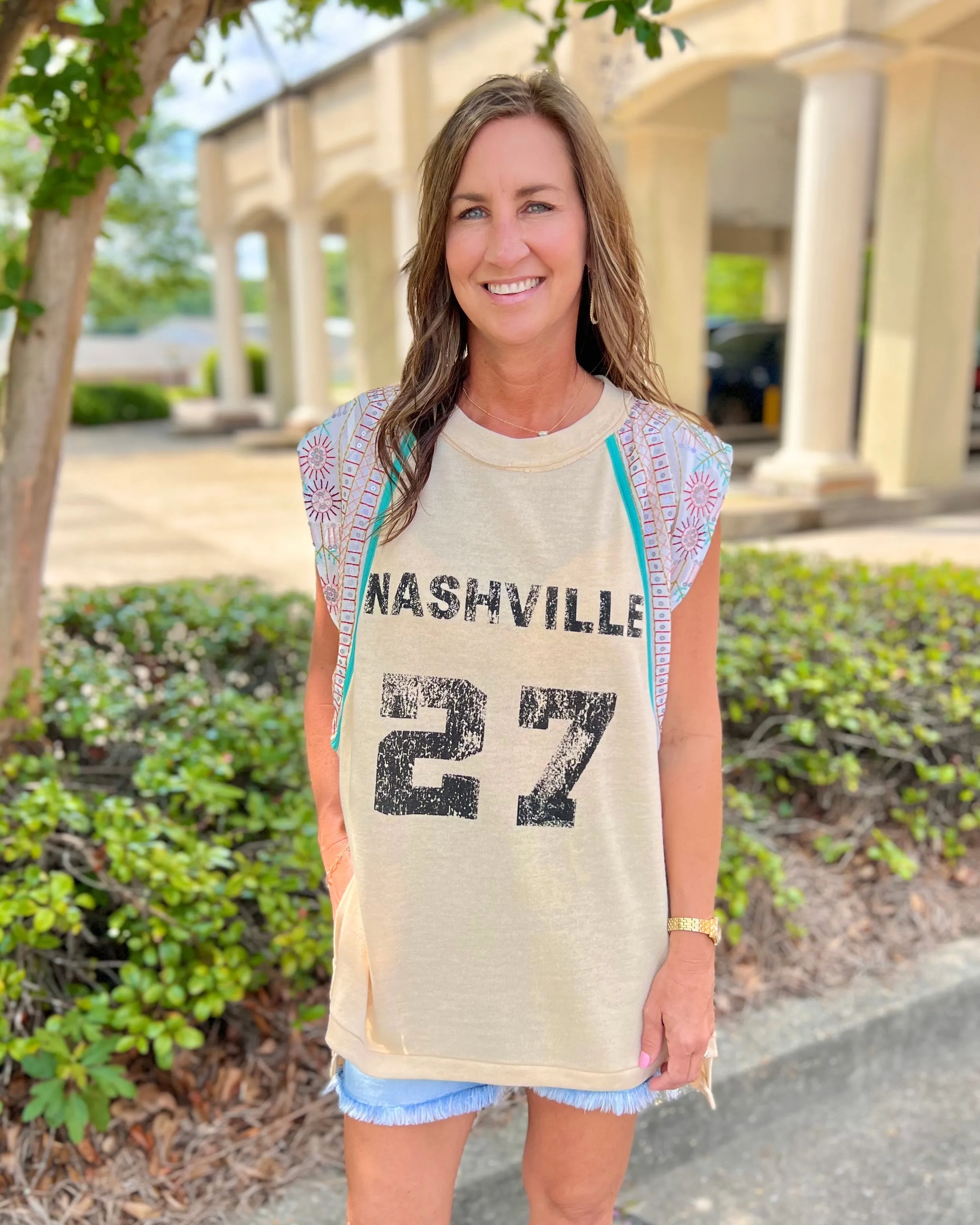 Nashville 27 Beige Crew Neck Contrast Sleeve Top