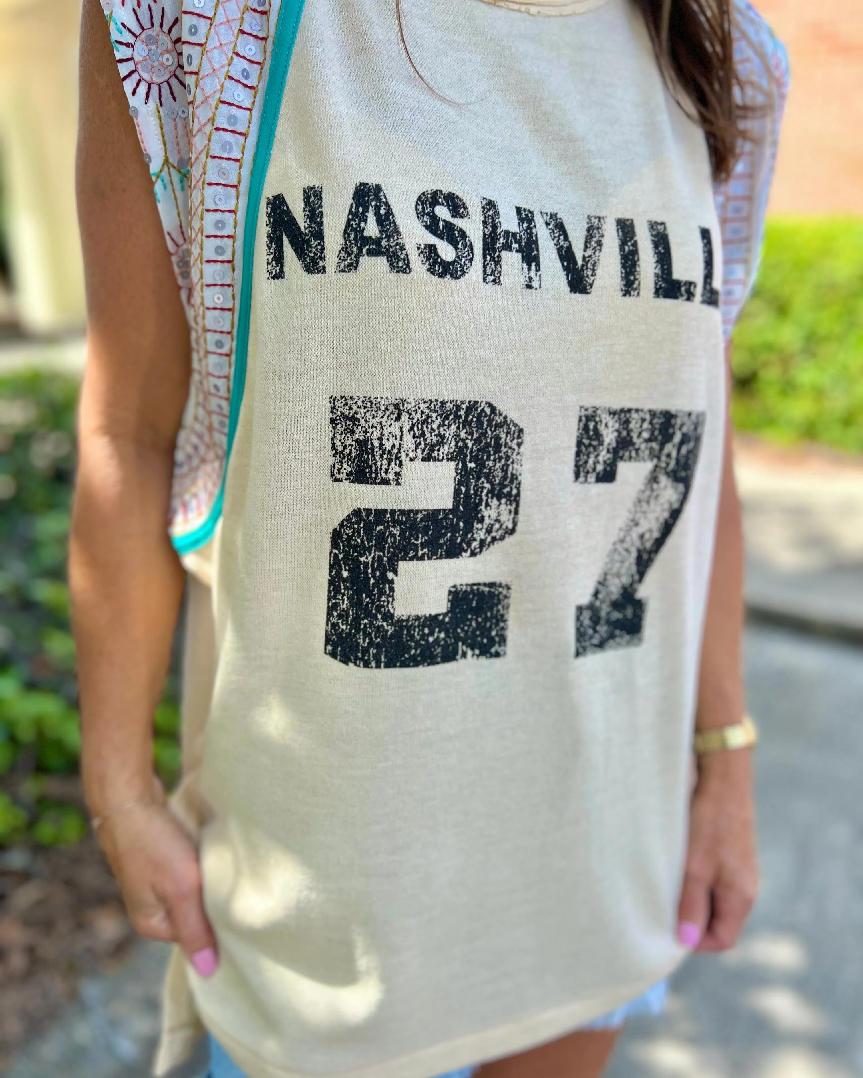 Nashville 27 Beige Crew Neck Contrast Sleeve Top