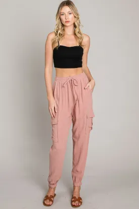 Pink Soft Linen Joggers with Cargo Pockets