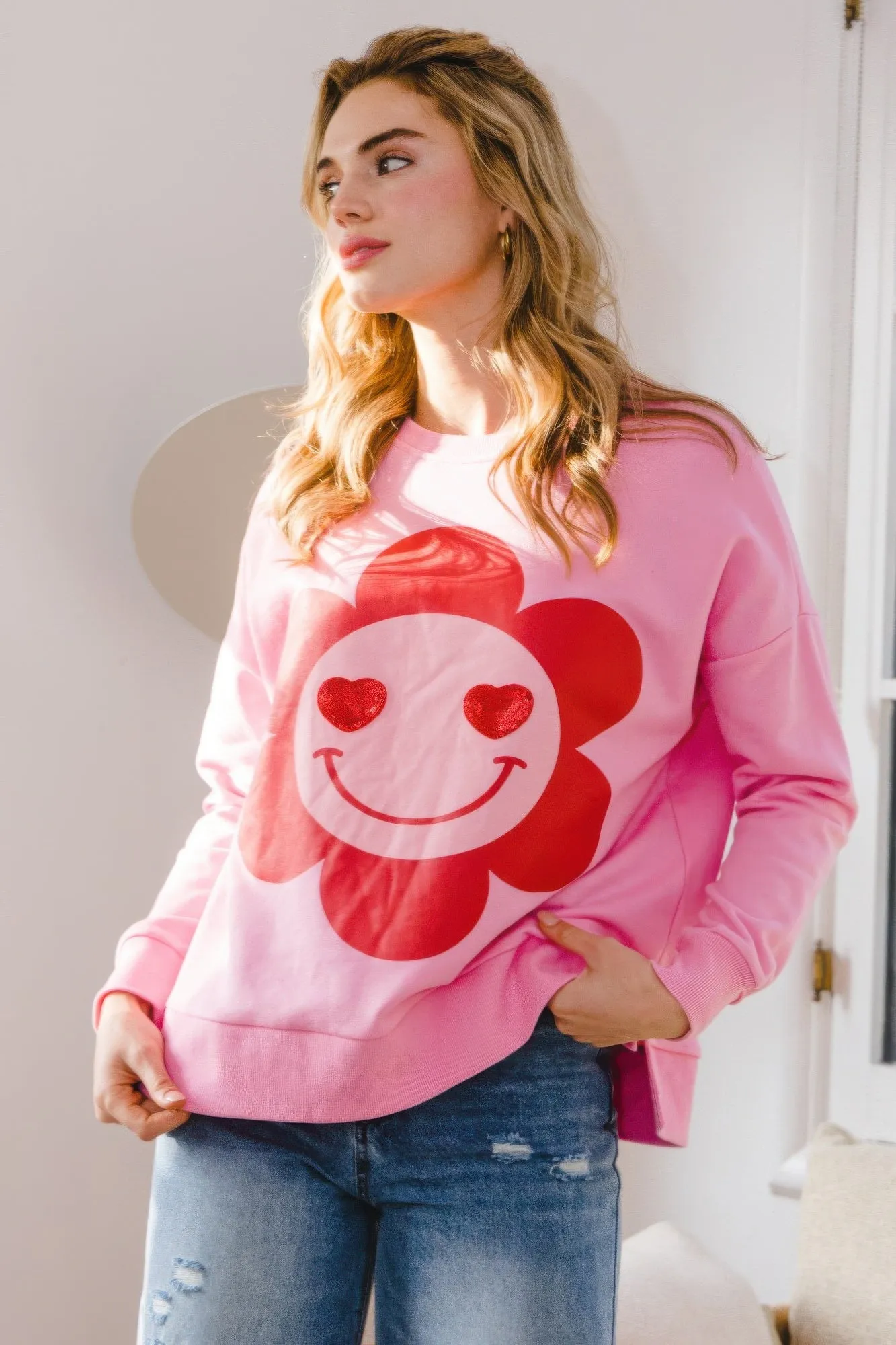Smiley Flower Oversized Pullover Sweatshirt