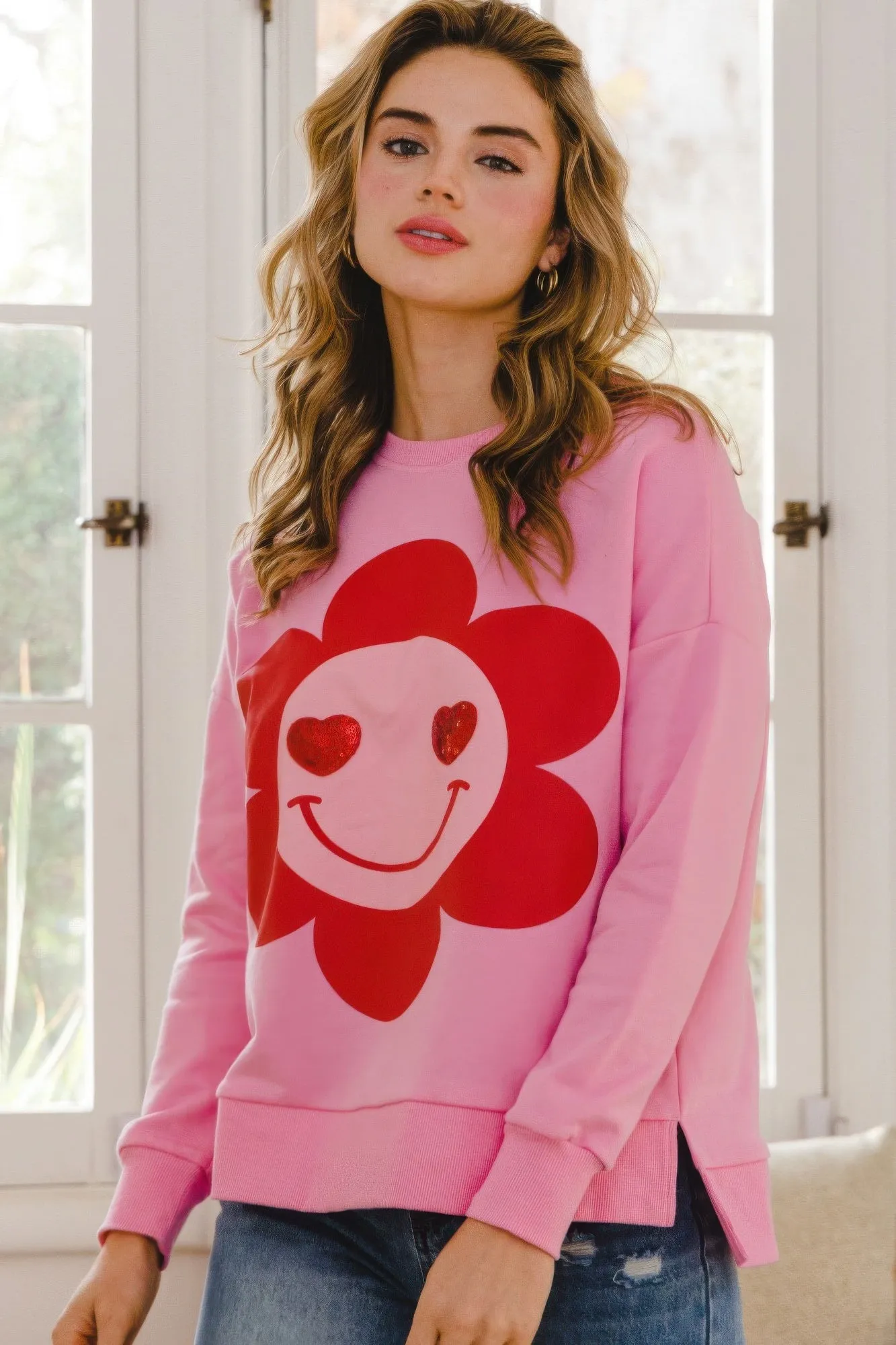 Smiley Flower Oversized Pullover Sweatshirt