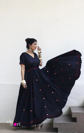 'Taaron Bhara Aasman' Mirror Work Cotton Anarkali Festive Dress : Festive Navratri Cotton Maxi Dress