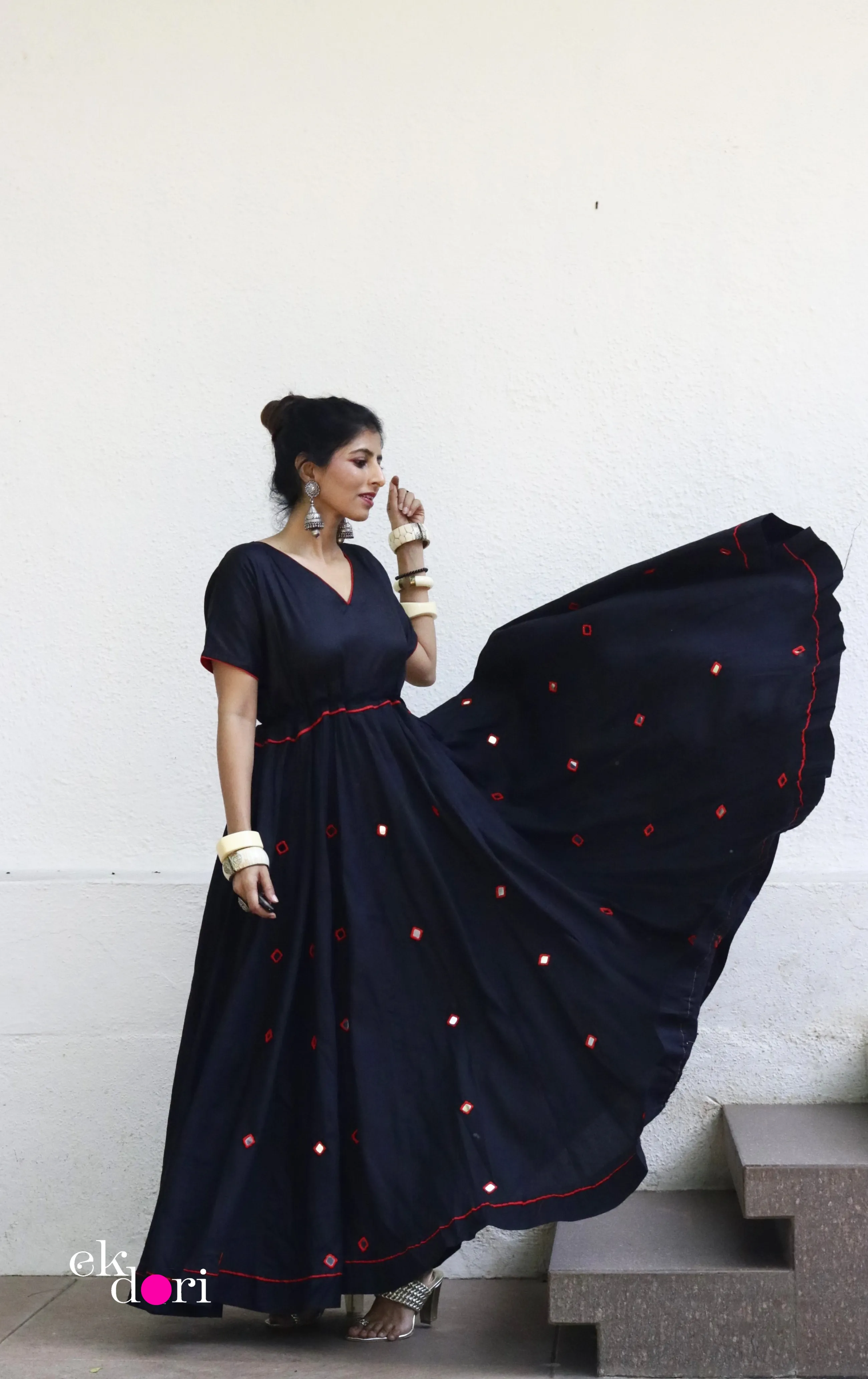 'Taaron Bhara Aasman' Mirror Work Cotton Anarkali Festive Dress : Festive Navratri Cotton Maxi Dress