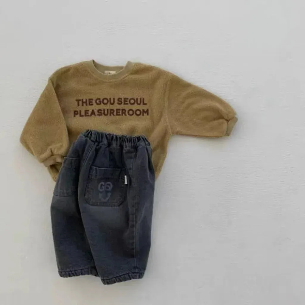 Thick Fleece Retro Denim Pants
