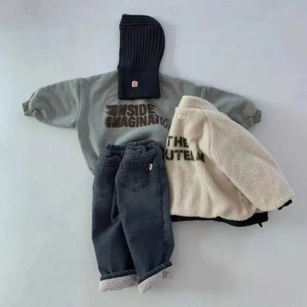 Thick Fleece Retro Denim Pants
