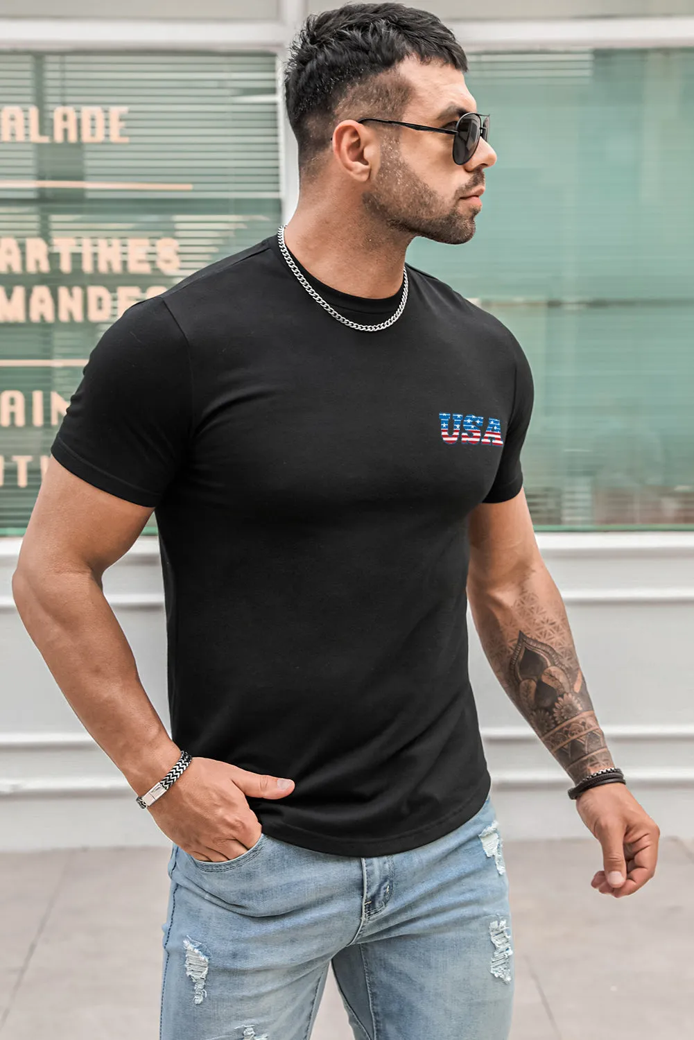 USA Print Solid Color Men's T-shirt