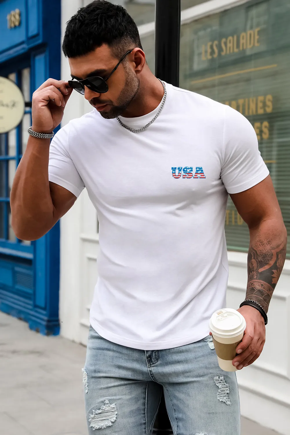 USA Print Solid Color Men's T-shirt