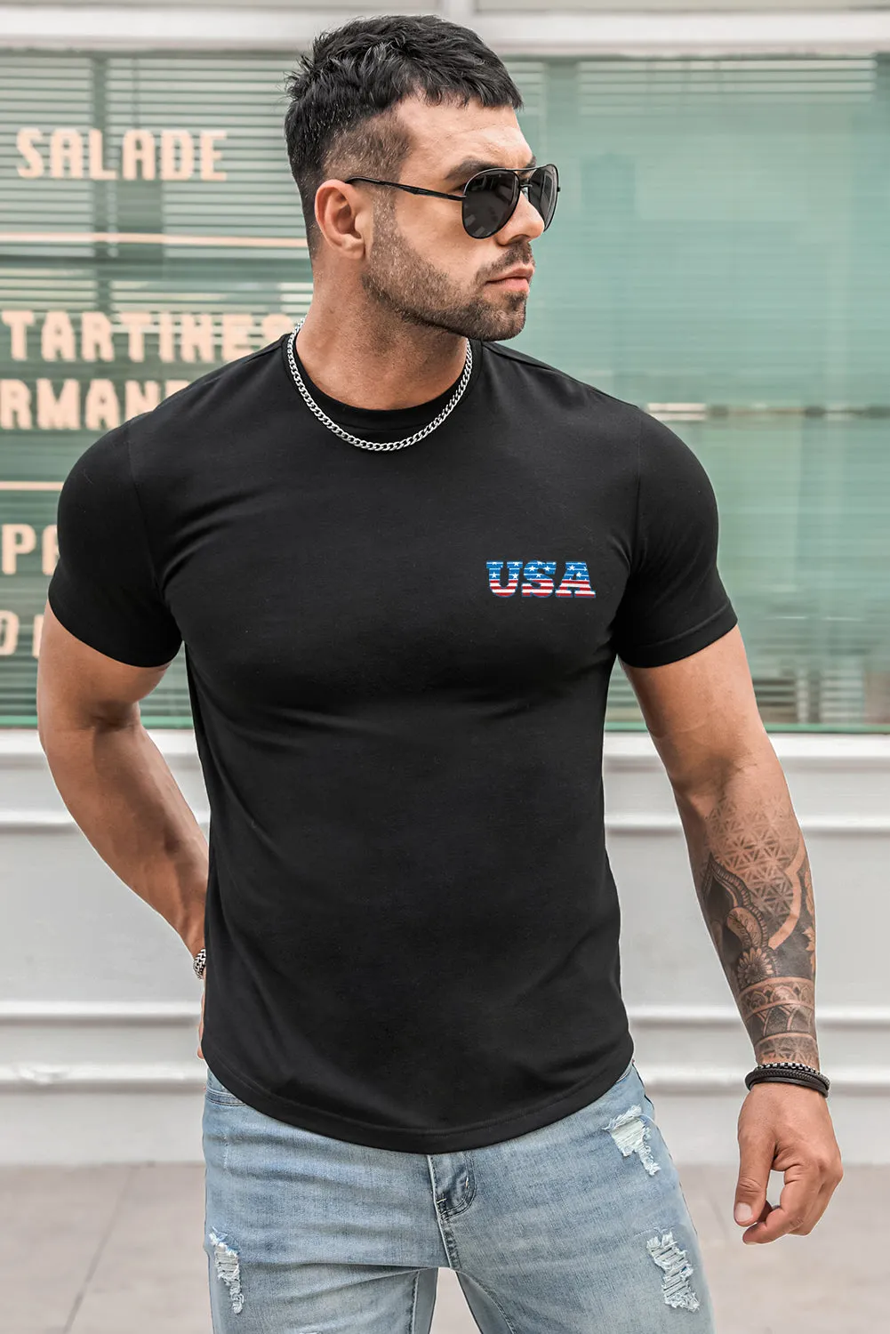 USA Print Solid Color Men's T-shirt