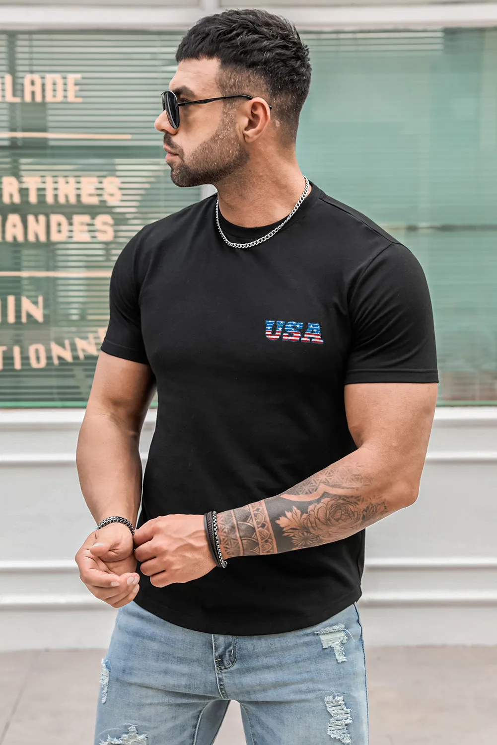 USA Print Solid Color Men's T-shirt