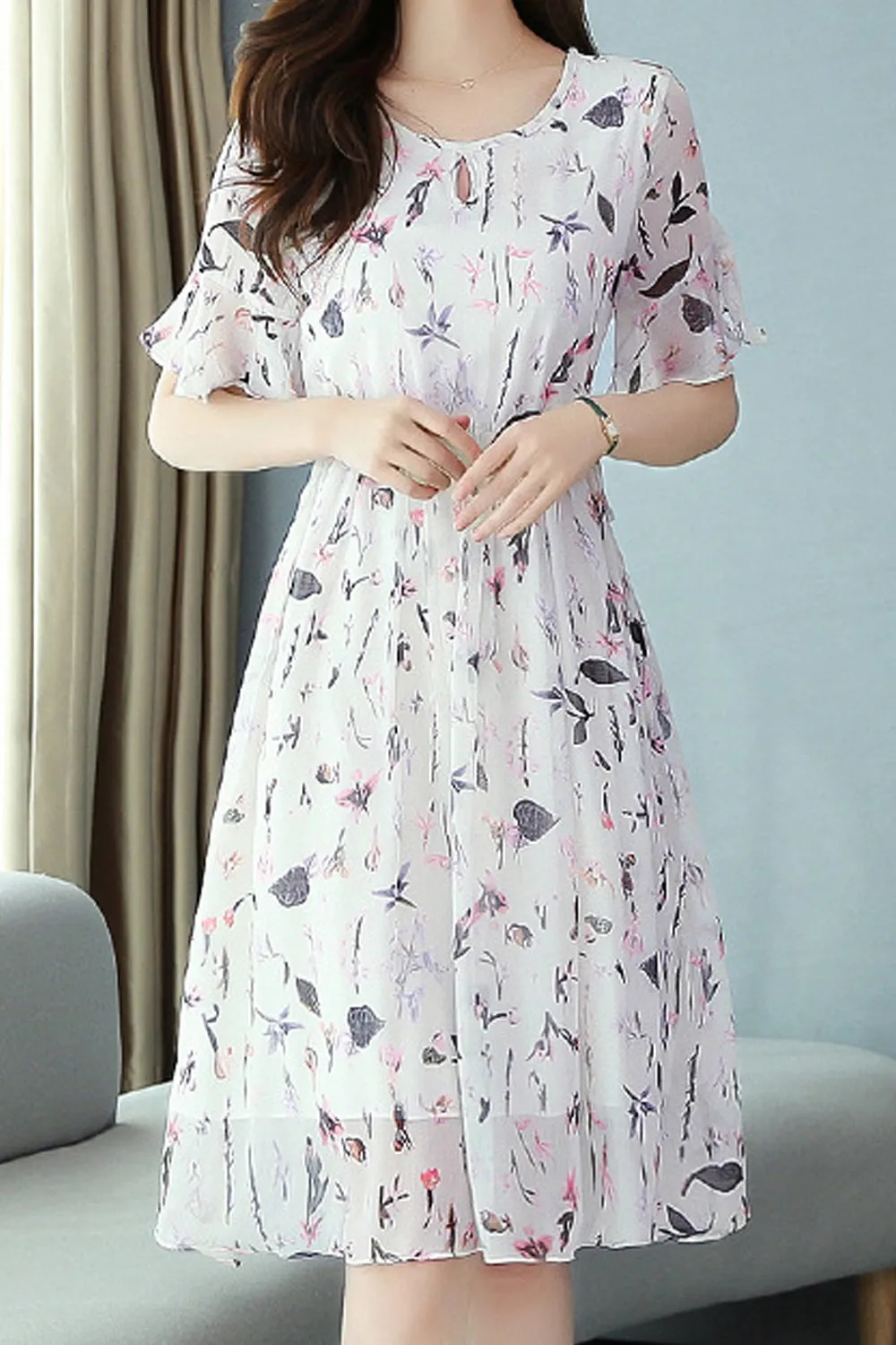 Women A-Line Round Neck Thin Floral Pattern Summer Trumpet Short Sleeve Dress - WD103628