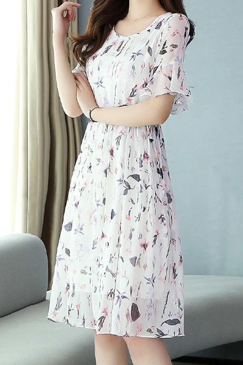 Women A-Line Round Neck Thin Floral Pattern Summer Trumpet Short Sleeve Dress - WD103628