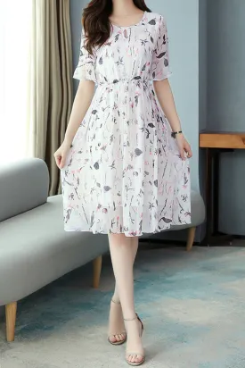 Women A-Line Round Neck Thin Floral Pattern Summer Trumpet Short Sleeve Dress - WD103628