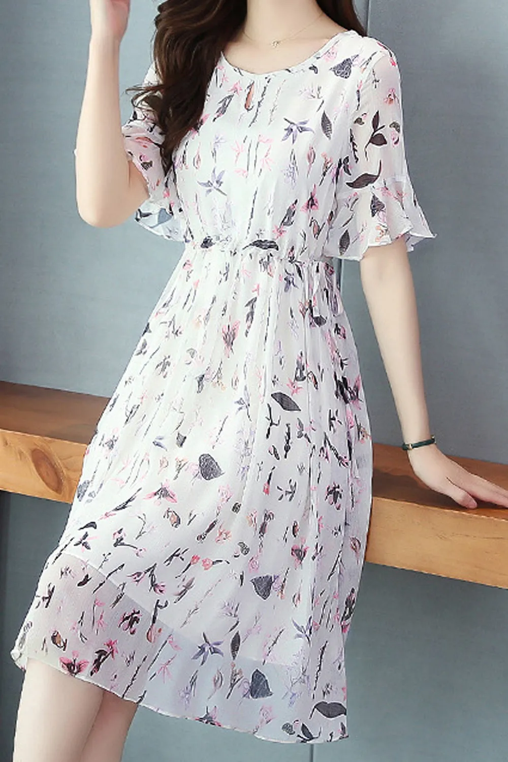 Women A-Line Round Neck Thin Floral Pattern Summer Trumpet Short Sleeve Dress - WD103628