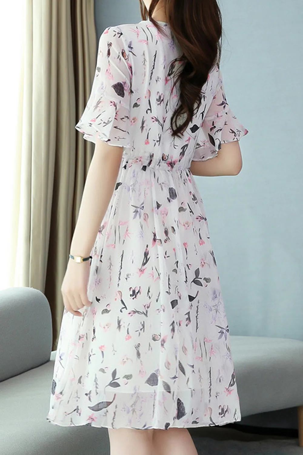 Women A-Line Round Neck Thin Floral Pattern Summer Trumpet Short Sleeve Dress - WD103628