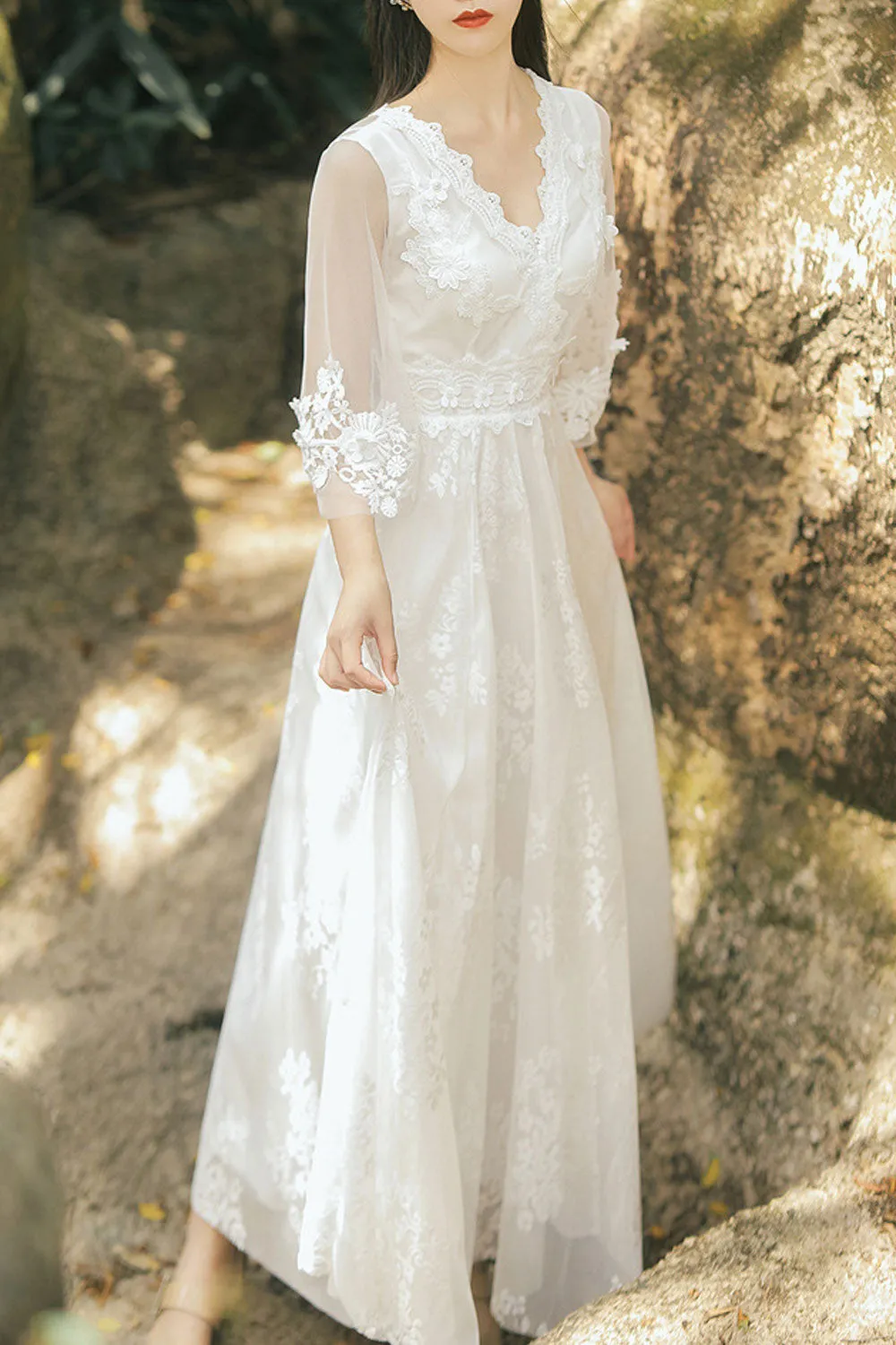 Women Pretty Lace Decorated V-Neck Long Length A-Line Party Evening Dress - WD118228