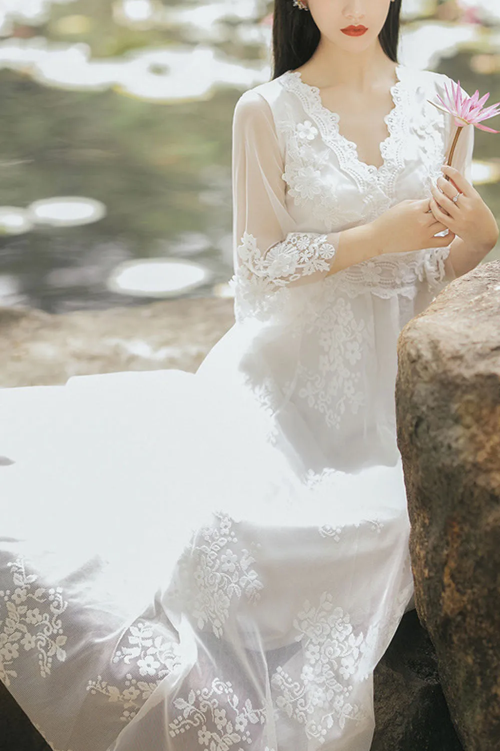 Women Pretty Lace Decorated V-Neck Long Length A-Line Party Evening Dress - WD118228