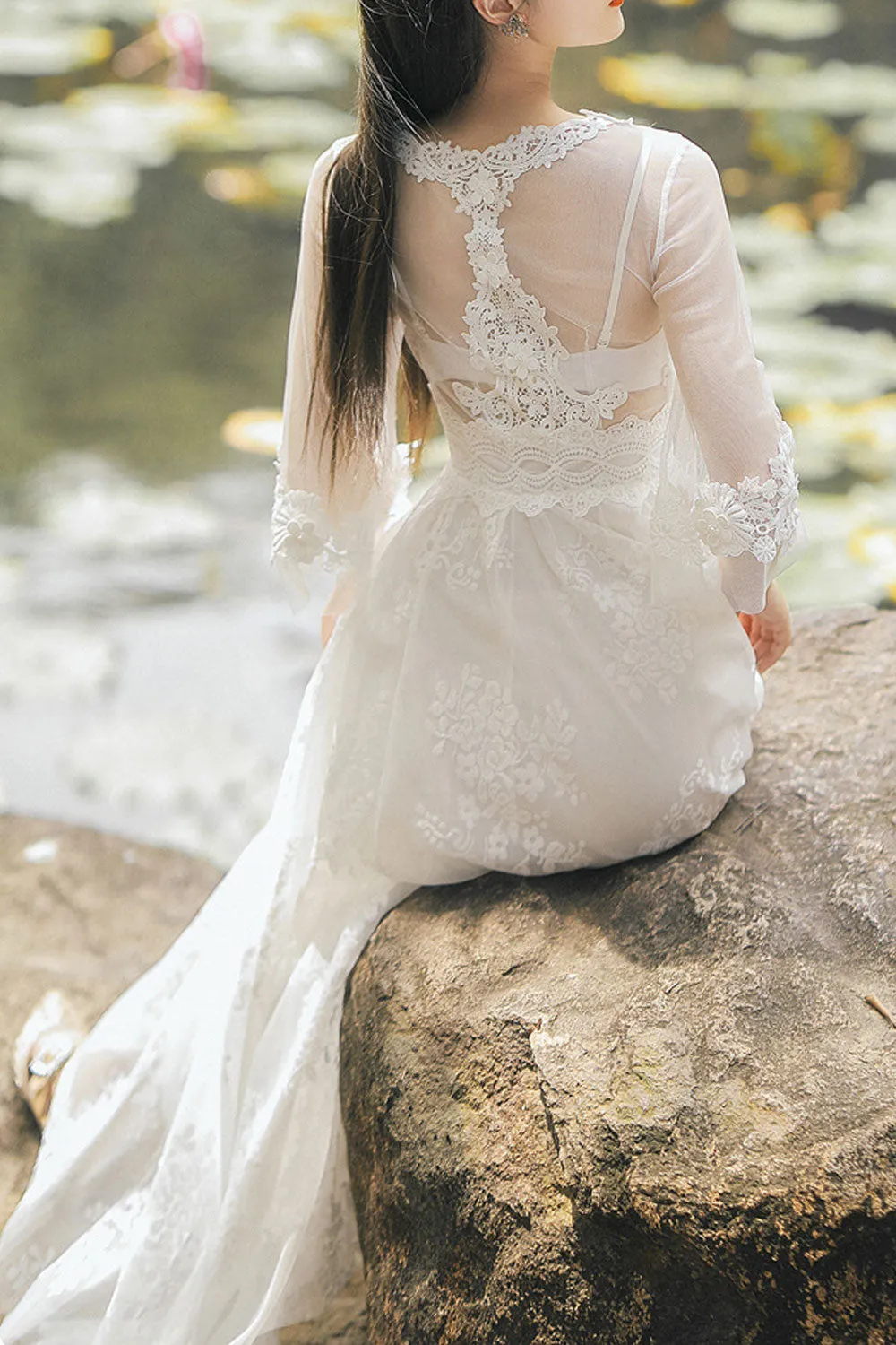 Women Pretty Lace Decorated V-Neck Long Length A-Line Party Evening Dress - WD118228